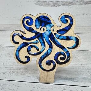 Wooden Octopus Night Light Blue Stained Glass Look Plug In Wall Decor
